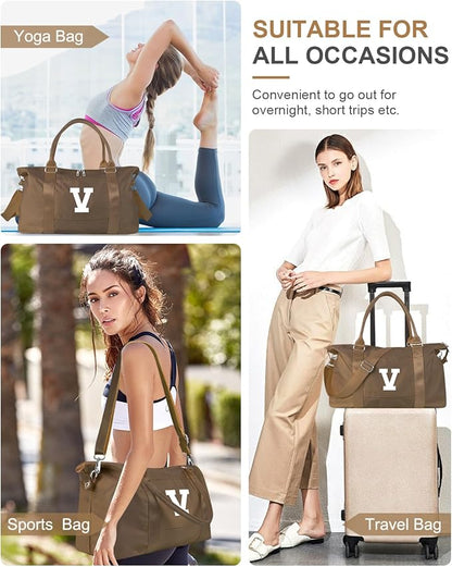 Birthday Graduation Gifts for Daughter,Initial Travel Duffel Bag Sports Gym Bag for Girls Teen Kids Birthday Gifts,Personalized Weekender Bag Carry On Tote Bags Cute Overnight Bag for Women(Brown, V)