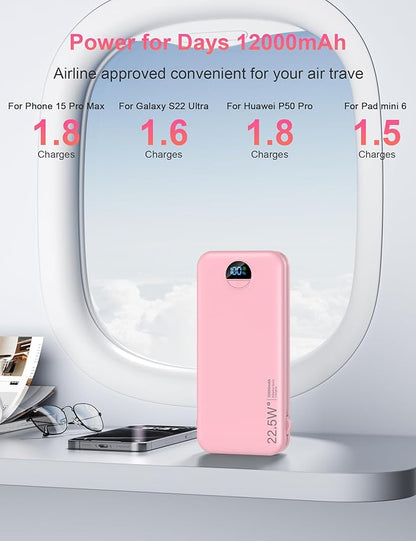 Portable Charger with Wall Plug, 12000mAh USB C Power Bank Fast Charging, External Battery Pack with Built in Cables, Digital Display, 5 Output 4 Input for iPhone Android Cell Phone Tablet