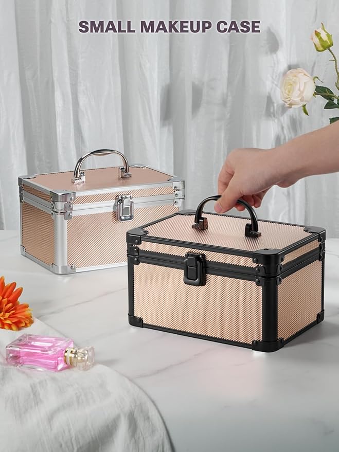 Qislee Makeup Box Mini with A Detachable Lighted Mirror, Waterproof Small Makeup Case,Cosmetic Organizer and Travel Train Case with Magnetic LED Mirror(Black Frame Rose Gold)
