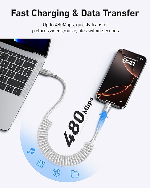 Coiled USB C to C Cable 3ft+6ft, Coiled USB C Cable for Car, Braided Type C Charger 66W Fast Charging Cord Compatible with iPhone 17 16 15, iPad, Samsung Galaxy, Google Pixel, Moto, LG Phones-Silver