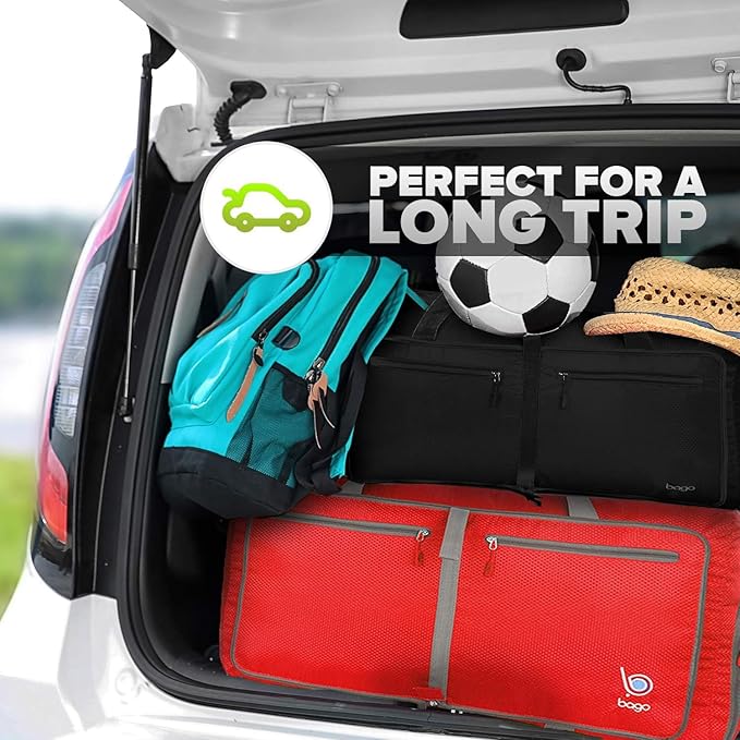 Bago Foldable Duffel Bags for Traveling Women & Men - 60L Medium Packable Duffle Bag for Travel with Shoe Compartment - Water Repellant, Heavy Duty, Lightweight Folding & Collapsible (All Black)