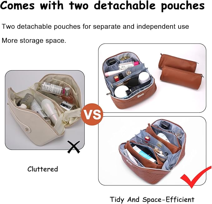 BOYATU Travel Makeup Bags Cosmetic Organizer Bag: Quilted Make up Bag Set of 3 - PU Leather Toiletry Bags for Women - Portable Makeup Organizer with Compartments & Handle & Divider(14 Brown)