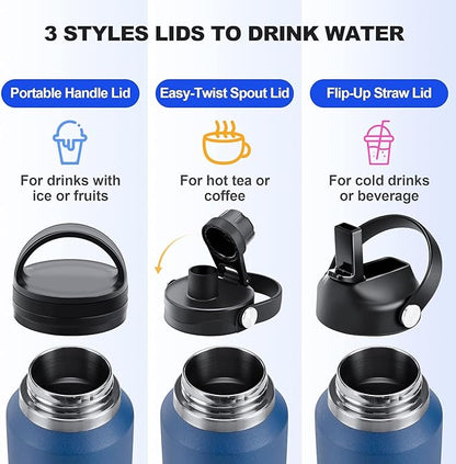 HYDROWION Water Bottle Stainless Steel,Vacuum Insulated Leak Proof Tumbler 32oz with Straw Lid, Spout Lid and Flex Cap(Cold for 48 Hrs, Hot for 24 Hrs), Fit in Any Car Cup Holder, Moss