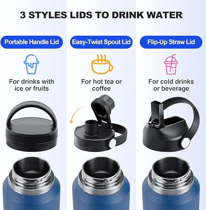 HYDROWION Water Bottle Stainless Steel,Vacuum Insulated Leak Proof Tumbler 32oz with Straw Lid, Spout Lid and Flex Cap(Cold for 48 Hrs, Hot for 24 Hrs), Fit in Any Car Cup Holder, Green - Blue