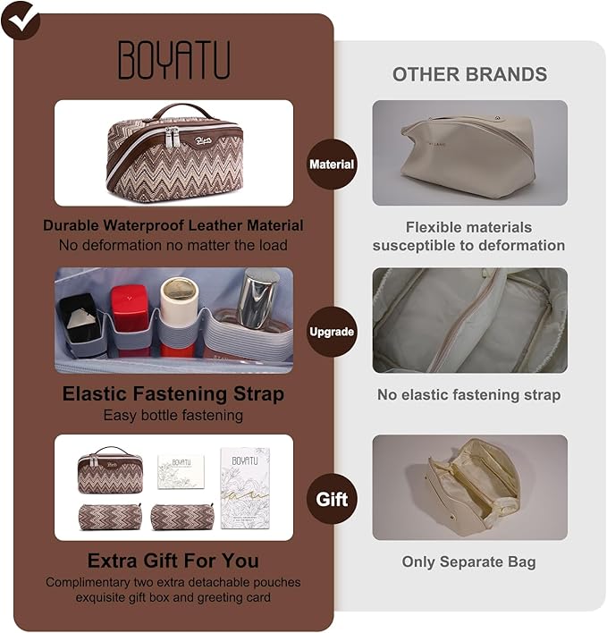 BOYATU Travel Makeup Bag for Women: Western Boho Make up Bag Set of 3 - Large Capacity Vegan Leather Cosmetic Bag - Waterproof Toiletry Bag with Compartments & Handle & Divider(J-2-Brown)