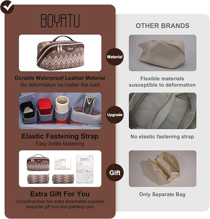 BOYATU Travel Makeup Bag for Women: Western Boho Make up Bag Set of 3 - Large Capacity Vegan Leather Cosmetic Bag - Waterproof Toiletry Bag with Compartments & Handle & Divider(J-2-Brown)