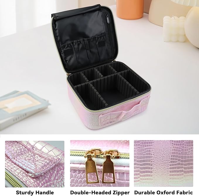 Travel Makeup Bag Makeup Cosmetic Train Case Organizer Portable Storage Bag with Adjustable Dividers for Cosmetics Makeup Brushes Toiletry Jewelry Colored Crocodile Pattern