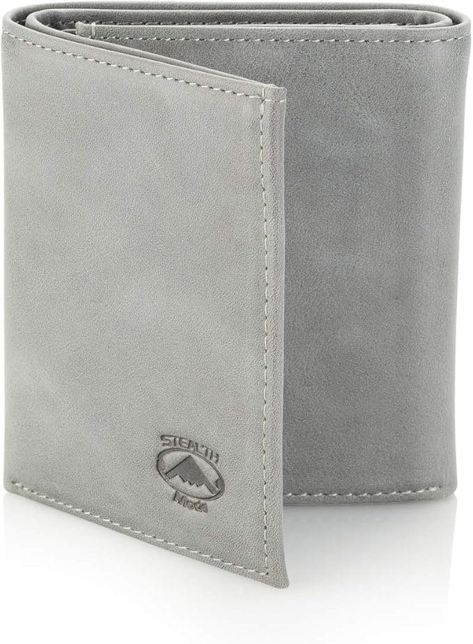 Stealth Mode Leather Trifold RFID Wallet For Men With Flip Out ID Holder (Grey)