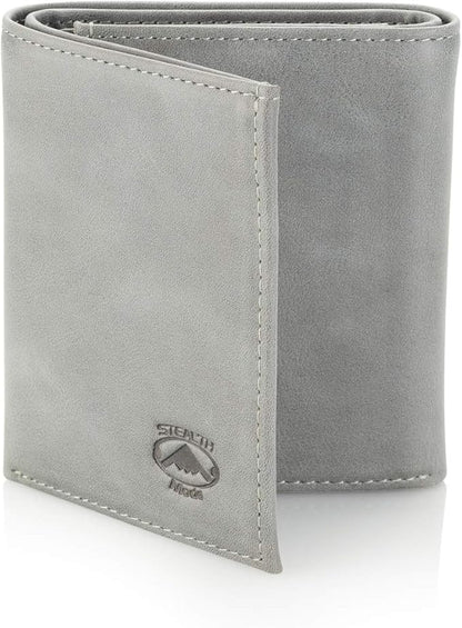 Stealth Mode Leather Trifold RFID Wallet For Men With Flip Out ID Holder (Grey)