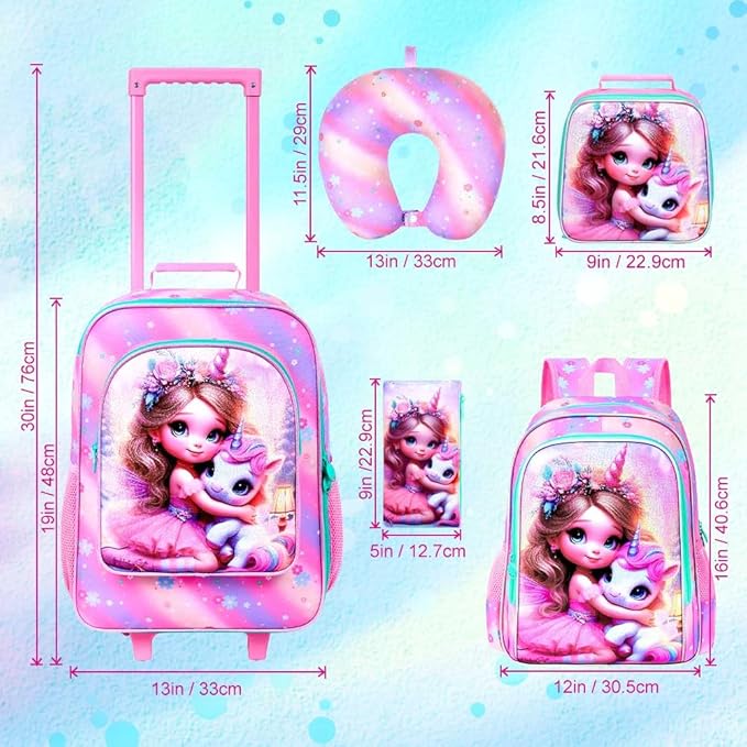 AGSDON 5 Piece Kids Luggage Set for Girls, Cute Rolling Wheels Suitcase for Toddler, Children Travel Carry on Suitcase - unicorn