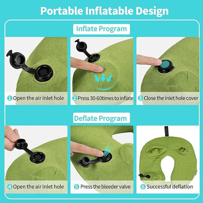 2 Pack Inflatable Travel Neck Pillows for Airplanes, Head Support Velvet Adult Neck Pillows for Long Flight, Kit with Eye Mask, Earplugs and Storage Bag, 2, Green