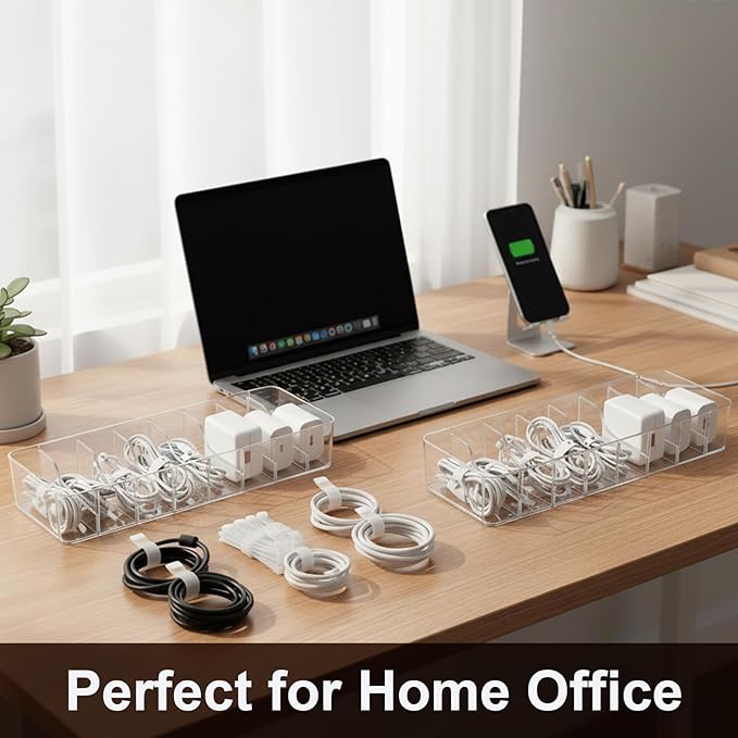 ZILAMGOO 4 Pack Plastic Cord Organizer Box with 40 Wire Ties, Electronics Accessories Storage Case, Clear Cell Phone Cord Storage Organizer with 8 Compartments for Home Office Desk Organizers