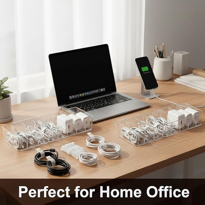 ZILAMGOO 4 Pack Plastic Cord Organizer Box with 40 Wire Ties, Electronics Accessories Storage Case, Clear Cell Phone Cord Storage Organizer with 8 Compartments for Home Office Desk Organizers