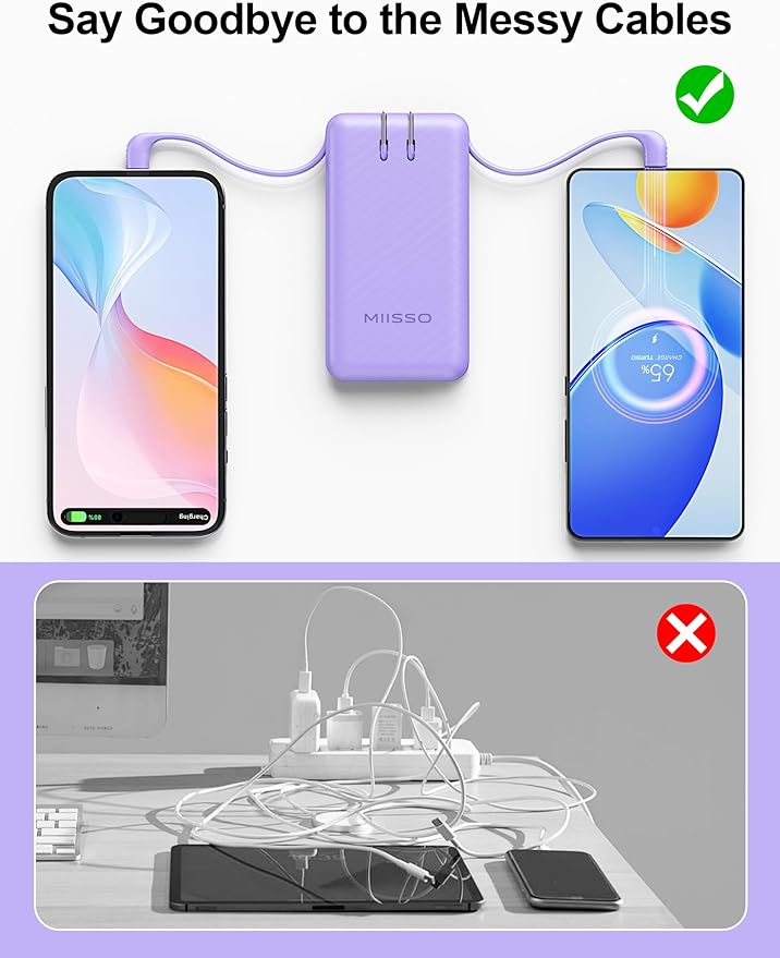 miisso Ultra Slim 10000mAh Power Bank Built-in Cables and Foldable AC Wall Plug, Pocket Size USB C Portable Charger, External Battery Pack Compatible with iPhone Samsung iPad etc, Purple