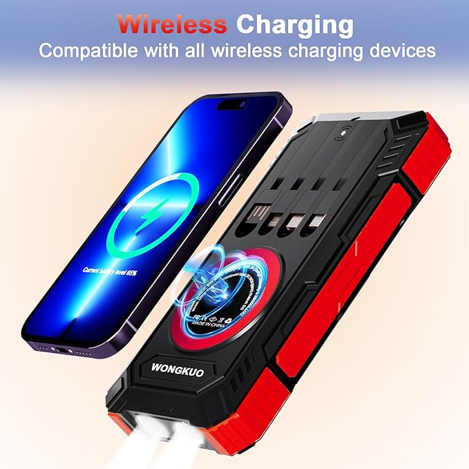 WONGKUO Solar Charger Power Bank - 49800mAh Solar Phone Charger with USB-C in/Output, QC 3.0 Fast Charging with LED Flashlight, Built-in 4 Cables, IP65 Waterproof Fits for Outdoor (Brilliant Red)