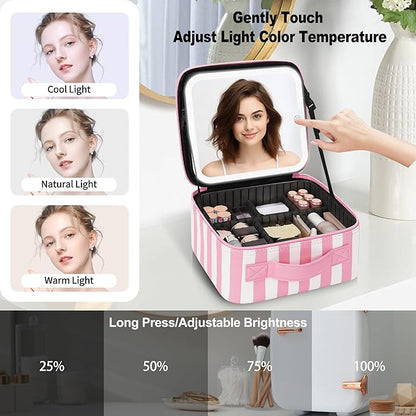 TANTO Makeup Bag With LED Mirror, Travel Makeup Case with Light up Mirror Large Cosmetic Case with 3 Color Lighted Portable Organizer Bag with Adjustable Dividers (Pink/White Stripes, Small)