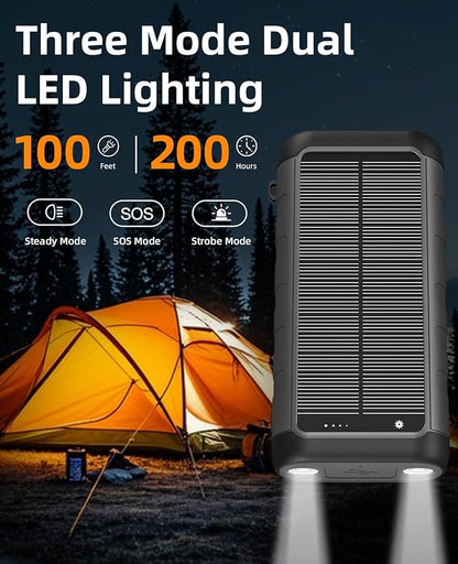 Solar Charger, 59800mAh Portable Power Bank for All Phones, Outdoor Waterproof Battery Pack Built in Hand Crank, 15W Wireless Charger 6 Outputs & 3 Inputs/LED Flashlights, Perfect for Camping Travel