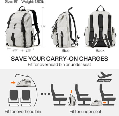 mixi Travel Backpack for Women Men, 18 Inch Carry On Laptop Backpack Flight Approved fits 16'' Laptop, Lightweight Waterproof Hiking Backpack Travel Outdoor Business Casual Daypack, Light Gray