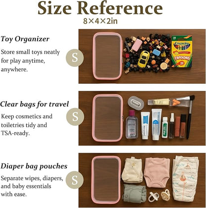 4 pcs Clear Zipper Pouches,Hard Shell Zipper Case, Toiletry Bag for Travel, CLear Diaper Bag, Toiletry Pouch, Travel Organizer, Clear Cosmetic Bag,Toy Storage Bins (M+3S) (Light Pink)