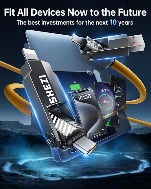 SHEZI Silicone 4 in 1 USB C Cable 60W 5FT Compatible with Lightning Cable, Fast Charging for iPhone Charger Cord [480Mbps Data Sync],Multi Charging Cable with Type C/USB A, Yellow