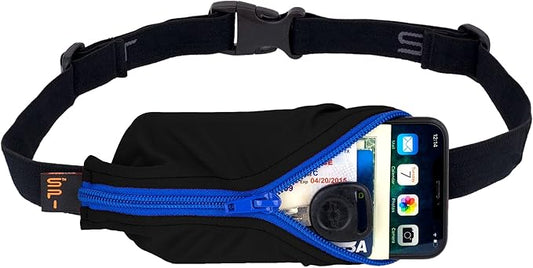 SPIbelt Running Belt for Women Men, Phone Holder for Running, Running Fanny Pack, Holder for Phone, Running Waist Pack, Adjustable Waist, [Fits All Phones]. Black with Blue Zipper