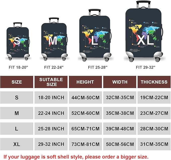 WUJIAONIAO Travel Luggage Cover Baggage Suitcase Cover Protector Skins 18-32 Inch (map, M (for 22-24 inch luggage))