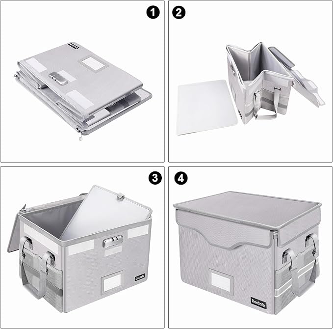 DocSafe Fireproof Document Box with Lock,File Storage Organizer with Zipper Pockets,Collapsible Portable File Box Home Office Safe Filing Cabinet with Handle for Hanging Letter/Legal Folder,Silver