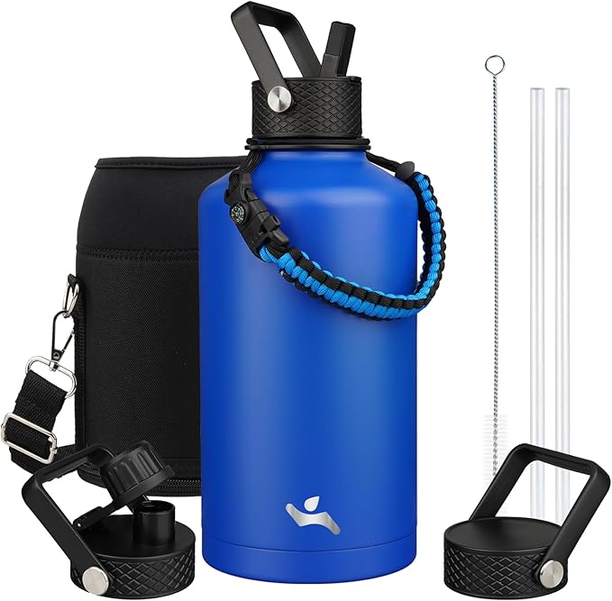 Insulated Water Bottle with Straw,87 oz 3 Lids Water Jug with Carrying Bag,Paracord Handle,Double Wall Vacuum Stainless Steel Metal Flask,Blue