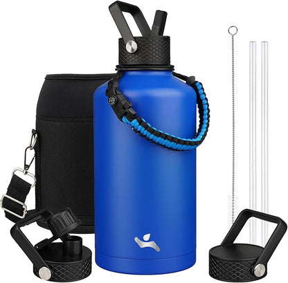 Insulated Water Bottle with Straw,87 oz 3 Lids Water Jug with Carrying Bag,Paracord Handle,Double Wall Vacuum Stainless Steel Metal Flask,Blue