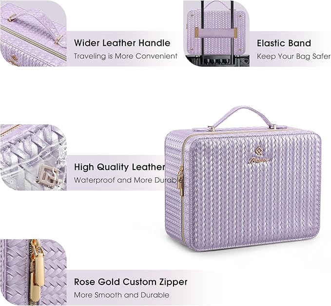 Leather Makeup Case with LED Lighted Mirror 11.4 Inch Travel Makeup Bag Adjustable Brightness in 3 Colors Cosmetic Organizer Artist Storage Bag with Dividers Brush Holder Bag Vanity Shiny Purple