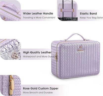 Leather Makeup Case with LED Lighted Mirror 11.4 Inch Travel Makeup Bag Adjustable Brightness in 3 Colors Cosmetic Organizer Artist Storage Bag with Dividers Brush Holder Bag Vanity Shiny Purple