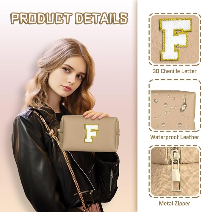 TOPEAST Preppy Makeup Bag, Personalized Initial Bags with Zipper, Cute Makeup Pouch, PU Leather Waterproof Cosmetic Bag, Birthday Gift for Daughter, Preppy Things for Girls (Khaki A)