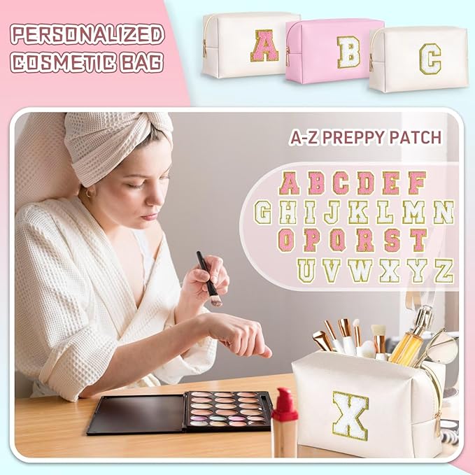 TOPEAST Preppy Makeup Bag, Small Cosmetic Travel Bags for Women, PU Leather Waterproof Toiletry Bag with Zipper, Personalized Birthday Gift for Women Girl, Preppy Gifts for Girl (White Y)