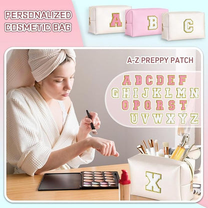 TOPEAST Birthday Gifts for Girls, Travel Makeup Bag Chenille Letter Pouch Cosmetic Bag, Makeup Travel Organizer, Monogrammed Bridesmaid Gifts for Women, Cute Stuff for Girls (White J)