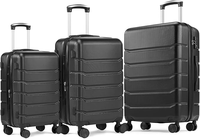 NEWBULIG Suitcases Spinner Wheels Lightweight Expandable Travel Hard Shell Luggage with TSA Lock, Black, 3-PCS Set (20/24/28 Inch)