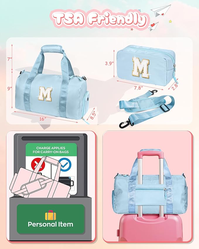 Gifts for 3 4 5 6 7 8 9 Year Old Girls-Girl Gym Bag with Shoe Compartment, Kid Personalized Weekender Dance Bags, Initial Travel Tote with Makeup Pouch, Easter Gift for Teen (Letter C)