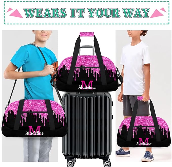 Personalized Kids Sports Duffel Bag with Name Custom Weekender Overnight Bag for Boys Girls Gym Bag Travel Dance Gymnastics Duffel Bag, HotPink Glitter