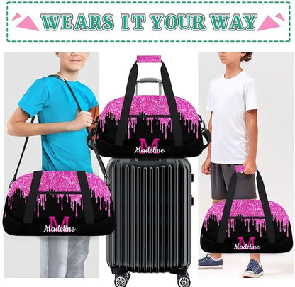 Personalized Kids Sports Duffel Bag with Name Custom Weekender Overnight Bag for Boys Girls Gym Bag Travel Dance Gymnastics Duffel Bag, HotPink Glitter