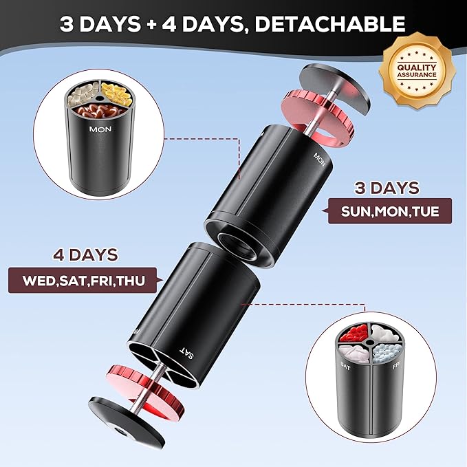 Zannaki Metal Travel Pill Organizer, Portable EDC Arthritis Friendly Weekly Pill Box, Large Pill Case Container, BPA Free 7 Day Daily Medicine Organizer Holder for Vitamin, Fish Oil, Supplement