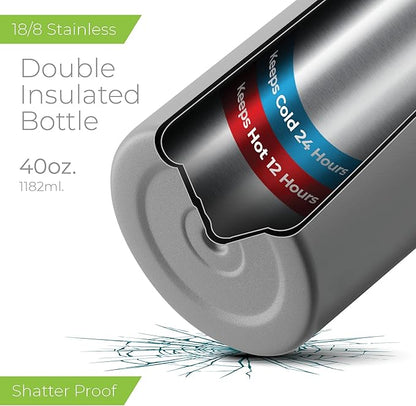 SipX™ Triple-Insulated Stainless Steel Water Bottle 40oz. With 3 Lids, BPA-Free Reusable Insulated Water Bottle Keeps Cold 24 Hours, Metal Water Bottle Made Of Sustainable Material For Hiking & Biking