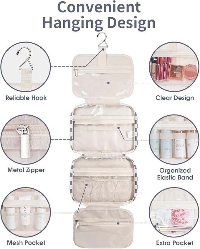 Narwey Hanging Toiletry Bag for Women Travel Makeup Bag Organizer Toiletries Bag for Travel Size Essentials Accessories Cosmetics (Grayish Blue Checkerboard (Medium))