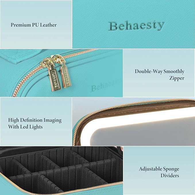 Travel Makeup Bag with LED Lighted Mirror, Cosmetic Makeup Organizer Bag with 3 Color Setting, Makeup Train Case with Adjustable Dividers for Women Makeup Brushes Jewelry Accessories