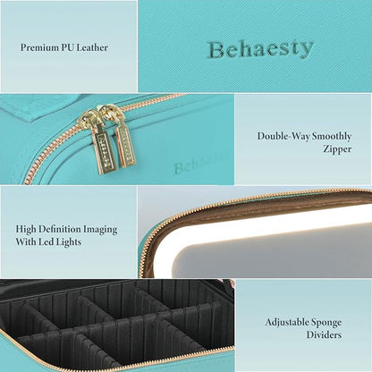 Travel Makeup Bag with LED Lighted Mirror, Cosmetic Makeup Organizer Bag with 3 Color Setting, Makeup Train Case with Adjustable Dividers for Women Makeup Brushes Jewelry Accessories