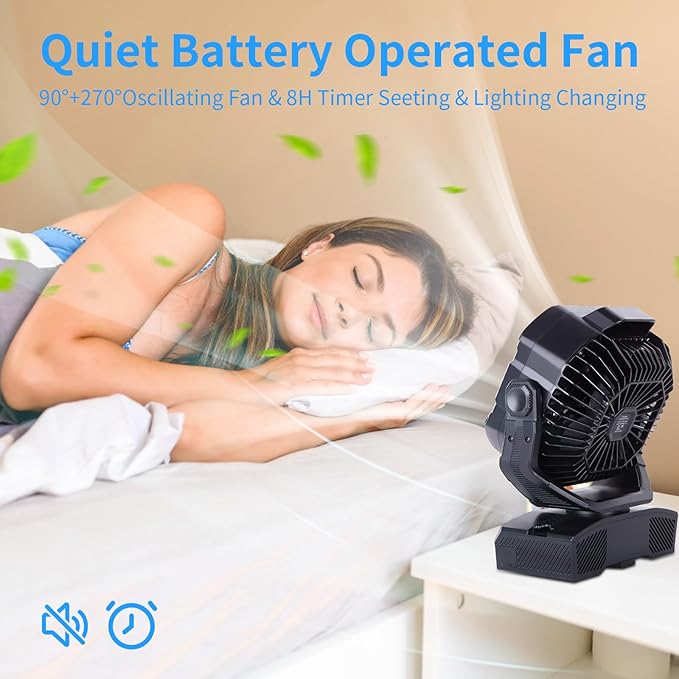 Camping Fan 20000mAh Rechargeable Battery Operated fan Outdoor Tent Fan with Light & Hook 270° Pivot, knob Speeds, Personal USB Desk Fan for Camping Power Outage Jobsite Black X68