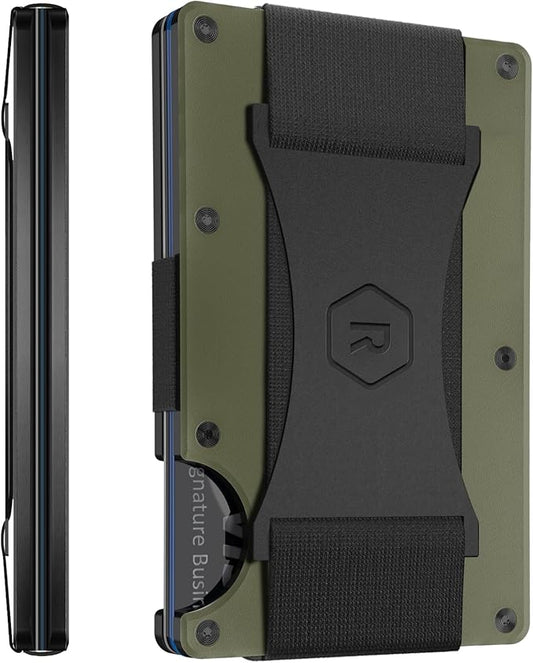 The Ridge Wallet for Men - Slim Minimalist Compact Wallet and Card Holder, RFID Protected Front Pocket Wallets with Integrated Cash Strap (Matte Olive Titanium)