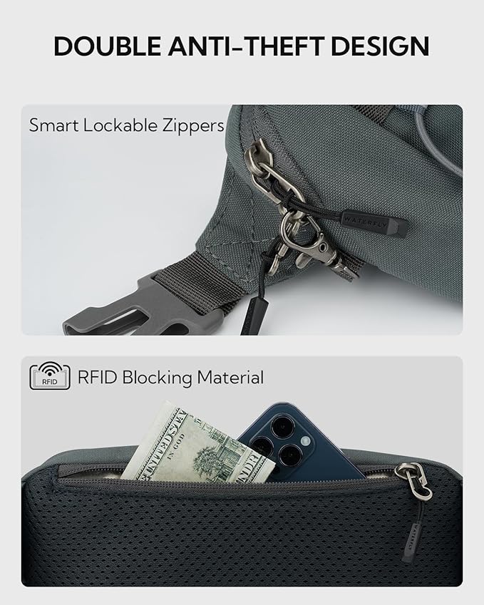 WATERFLY Lightweight Small Fanny Pack: 1.5L Mini Slim Crossbody Waist Belt Hip Bag with RFID Blocking, Anti-Theft & Water Resistant Pouch for Women Men Travel Hiking Running Walking EDC