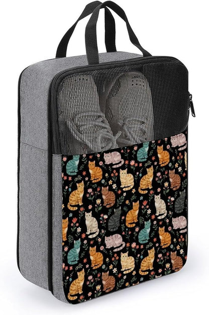 Travel Shoe Organizer with Zipper Closure Portable Shoe Packing Storage Bag Sport Sneaker Bags (Cats And Flowers)