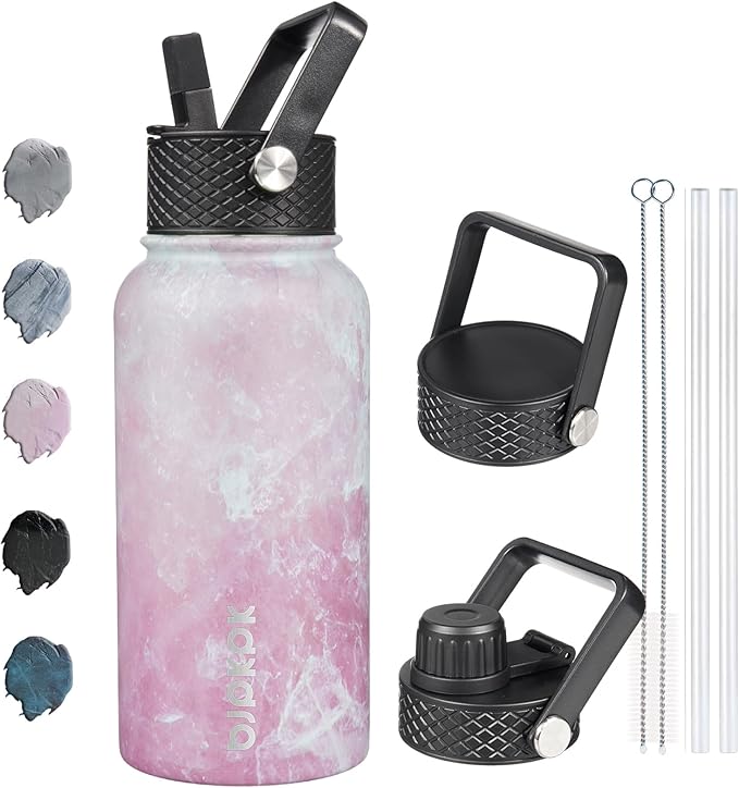 BJPKPK Insulated Water Bottles with Straw Lid, 27oz Stainless Steel Water Bottle with 3 Lids, Leak Proof BPA Free Metal Thermo, Mugs, Tumblers, Keep Cold Hot - Blossom