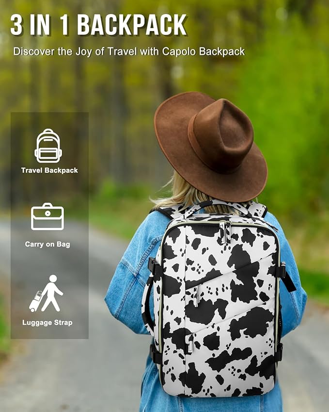 Capolo Travel Backpack for Women Men Waterproof Laptop Backpack Flight Approved Carry On Backpack Overnight Weekender Bag College Bookbag for Business, Work, Traveling Fits 17 '' Laptop,Cow Print