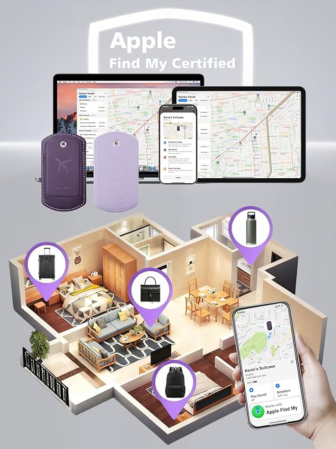 Luggage Tag with Tracker (iOS Only), Premium PU Leather Luggage Tags for Suitcase, Privacy Cover & ID Card Slot, Stainless Loop for Travel Bags, Backpack, Pet Carrier, Ideal Gadgets (Purple)